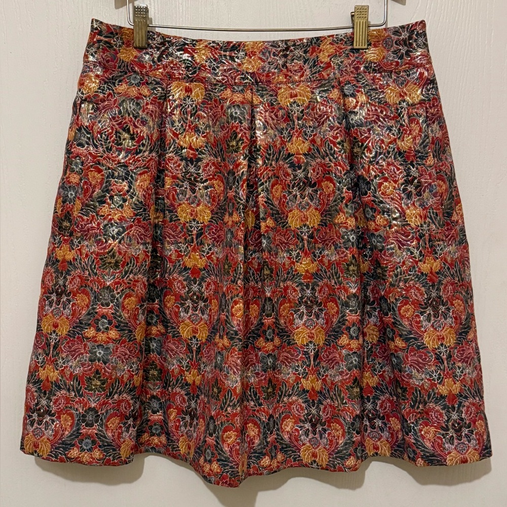 Maeve by Anthropologie Rosia Red Floral Metallic Jacquard Pleated Skirt Size L